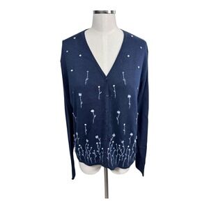 Partners Navy Blue Embroidered Grandma Cardigan Sweater Cottagecore Floral Large